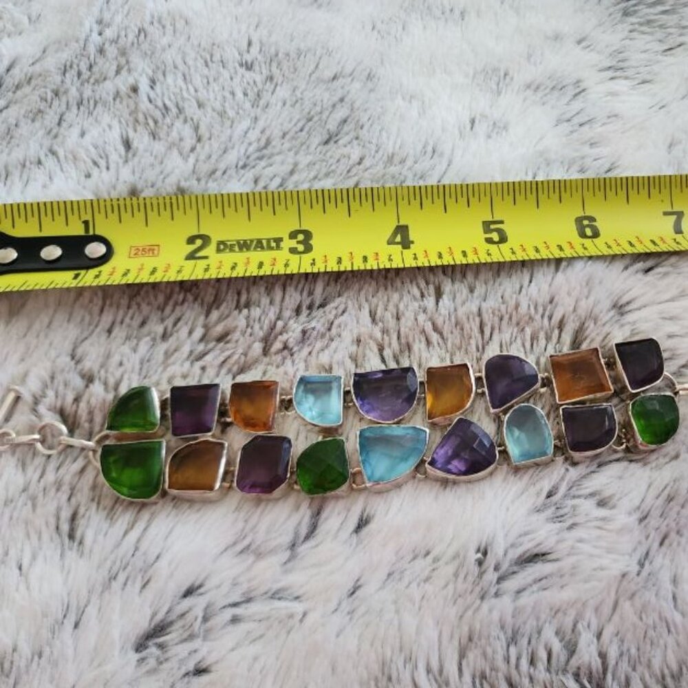 AMETHYST AQUAMARINE CITRINE CRYSTAL CHANNEL SET SILVER BRACELET